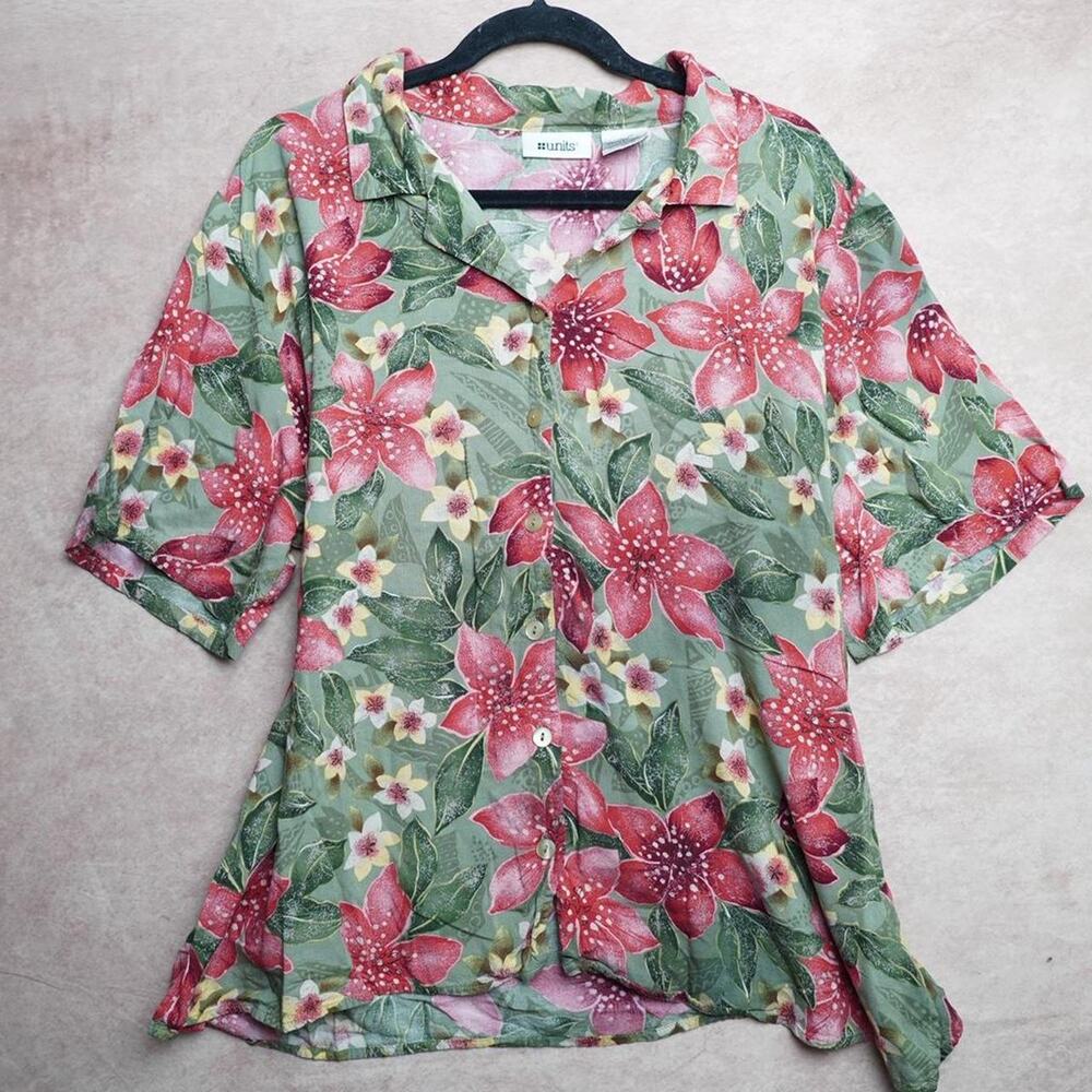 Units Tropical Floral Button Up Blouse 2X Vintage 90s Resortwear
